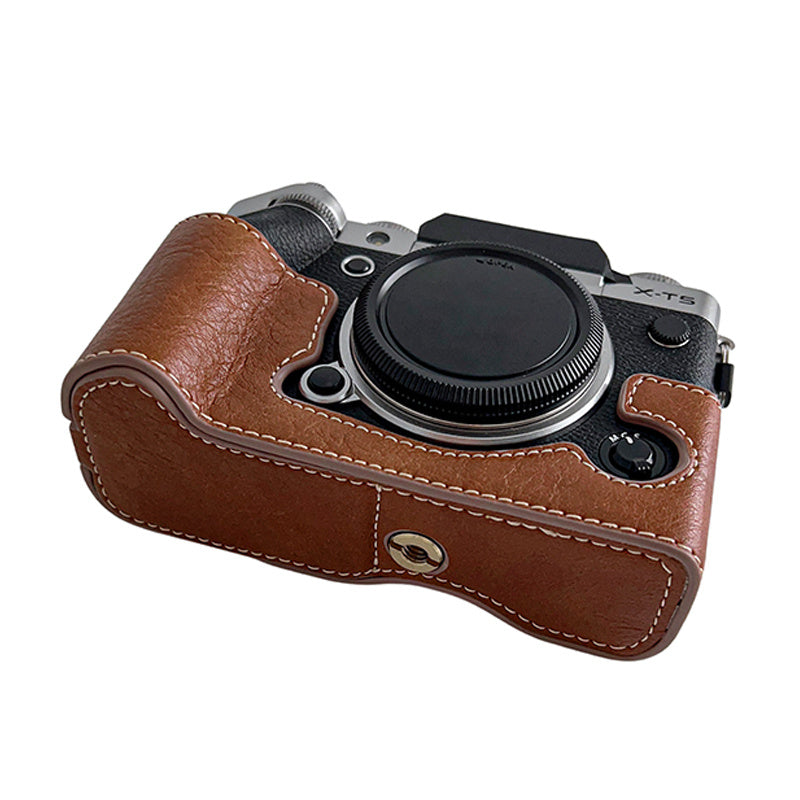 Uniqkart for Fujifilm X-T5 Buffalo Texture PU Leather Camera Bottom Case Flannel Lining Half Body Protective Cover with Battery Opening - Brown