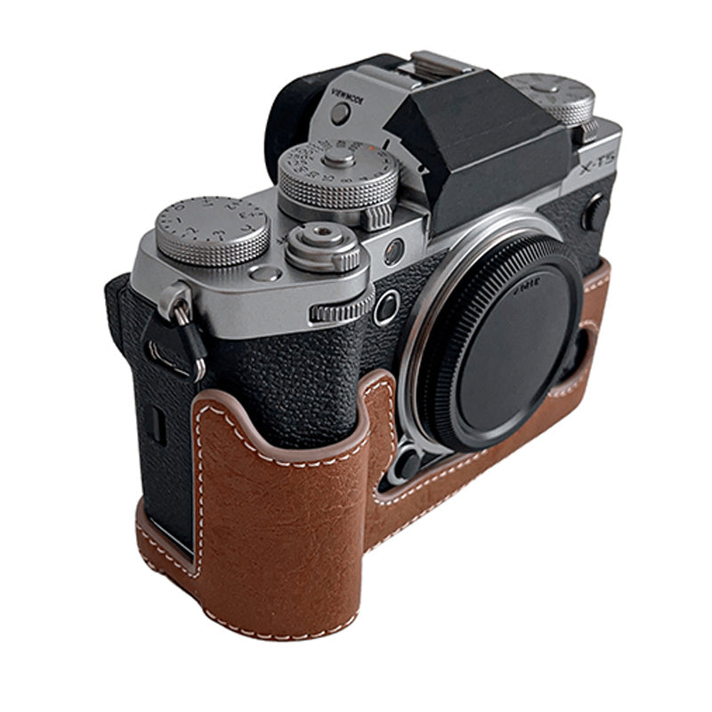 Uniqkart for Fujifilm X-T5 Buffalo Texture PU Leather Camera Bottom Case Flannel Lining Half Body Protective Cover with Battery Opening - Brown