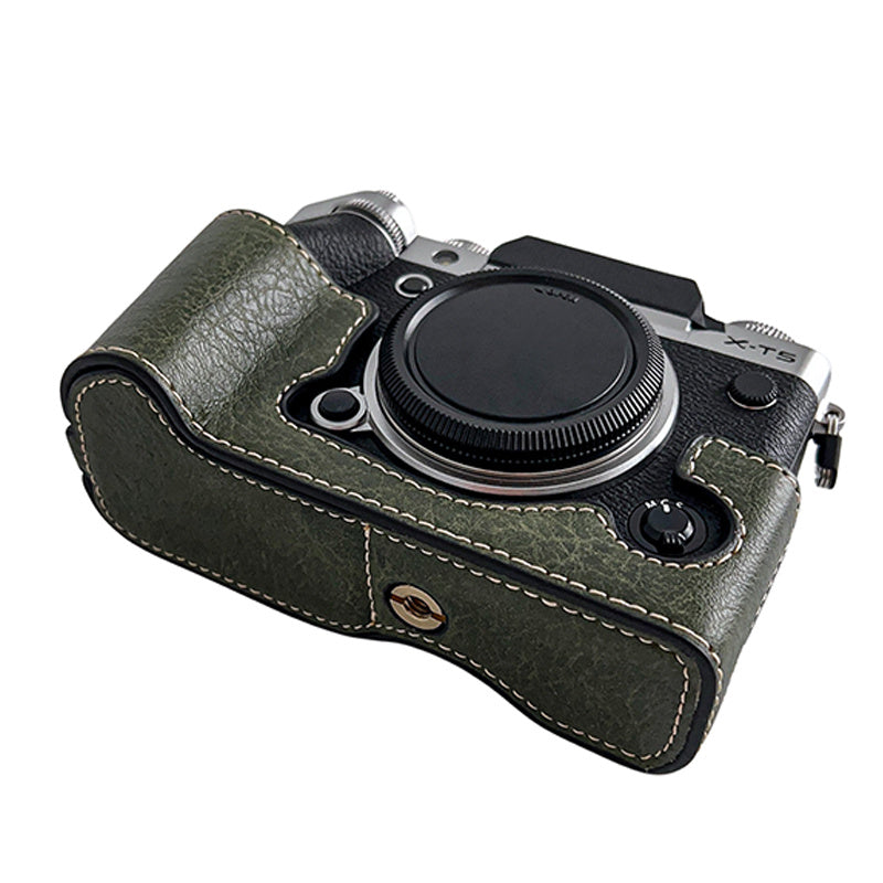 Uniqkart for Fujifilm X-T5 Buffalo Texture PU Leather Camera Bottom Case Flannel Lining Half Body Protective Cover with Battery Opening - Green