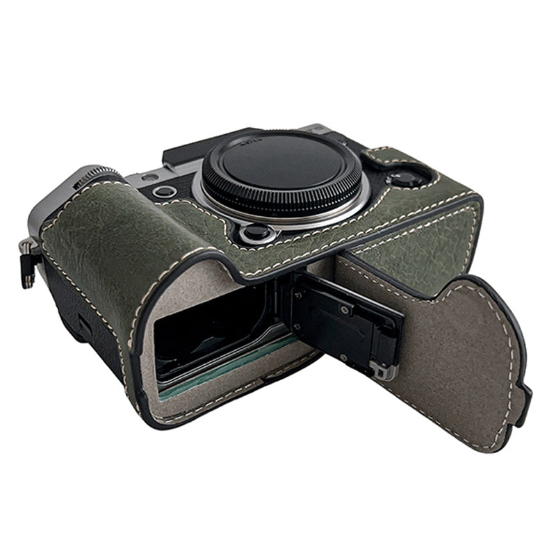 Uniqkart for Fujifilm X-T5 Buffalo Texture PU Leather Camera Bottom Case Flannel Lining Half Body Protective Cover with Battery Opening - Green