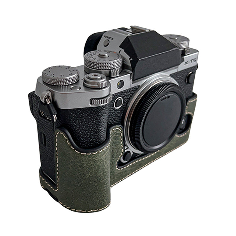 Uniqkart for Fujifilm X-T5 Buffalo Texture PU Leather Camera Bottom Case Flannel Lining Half Body Protective Cover with Battery Opening - Green