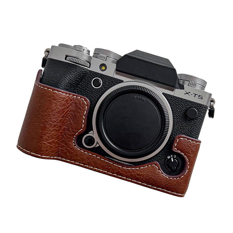 Uniqkart for Fujifilm X-T5 Buffalo Texture PU Leather Camera Bottom Case Flannel Lining Half Body Protective Cover with Battery Opening - Coffee