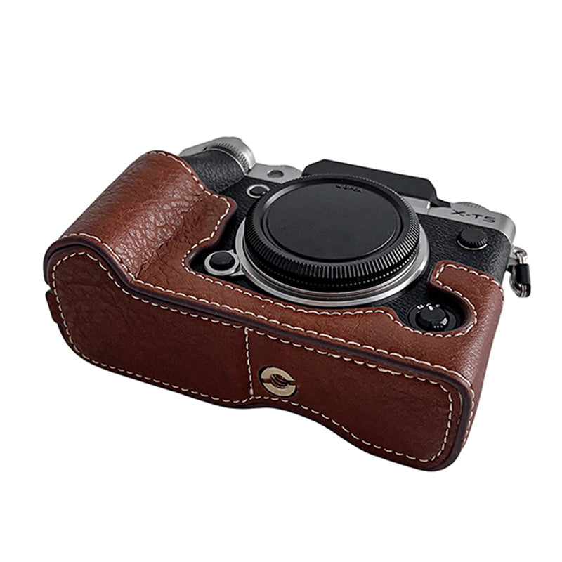 Uniqkart for Fujifilm X-T5 Buffalo Texture PU Leather Camera Bottom Case Flannel Lining Half Body Protective Cover with Battery Opening - Coffee