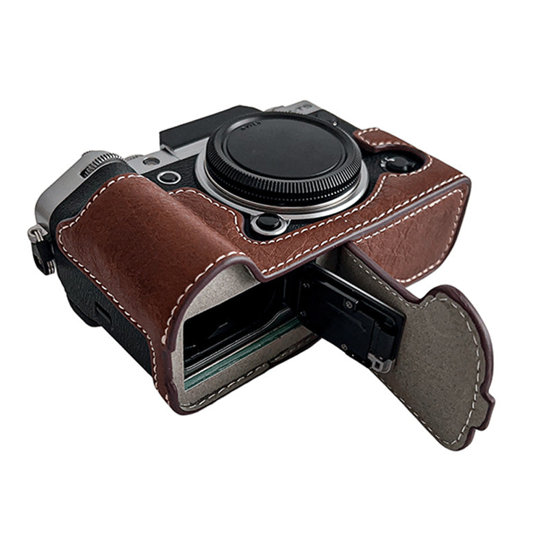 Uniqkart for Fujifilm X-T5 Buffalo Texture PU Leather Camera Bottom Case Flannel Lining Half Body Protective Cover with Battery Opening - Coffee