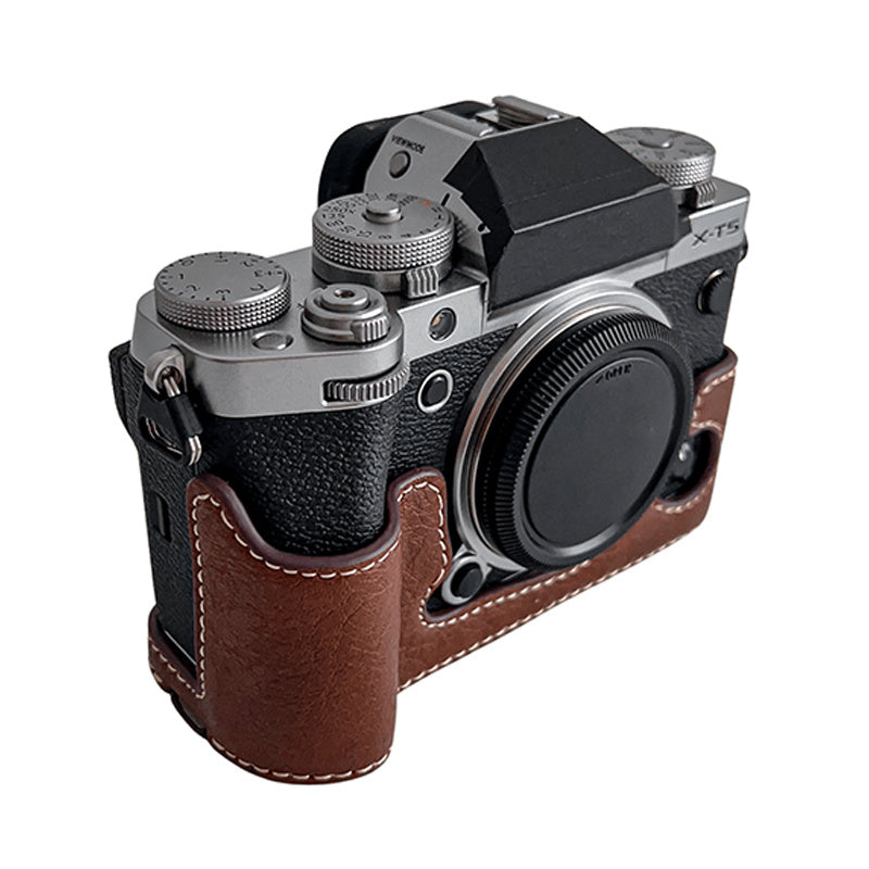 Uniqkart for Fujifilm X-T5 Buffalo Texture PU Leather Camera Bottom Case Flannel Lining Half Body Protective Cover with Battery Opening - Coffee