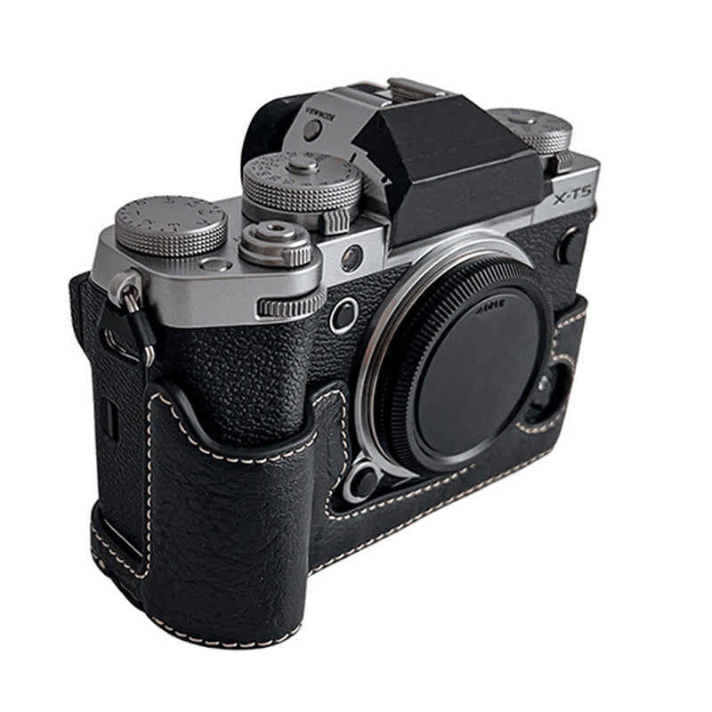 Uniqkart for Fujifilm X-T5 Buffalo Texture PU Leather Camera Bottom Case Flannel Lining Half Body Protective Cover with Battery Opening - Black