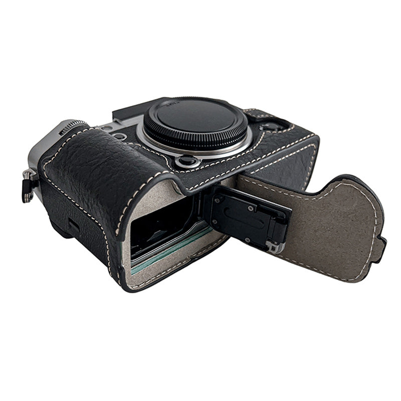 Uniqkart for Fujifilm X-T5 Buffalo Texture PU Leather Camera Bottom Case Flannel Lining Half Body Protective Cover with Battery Opening - Black
