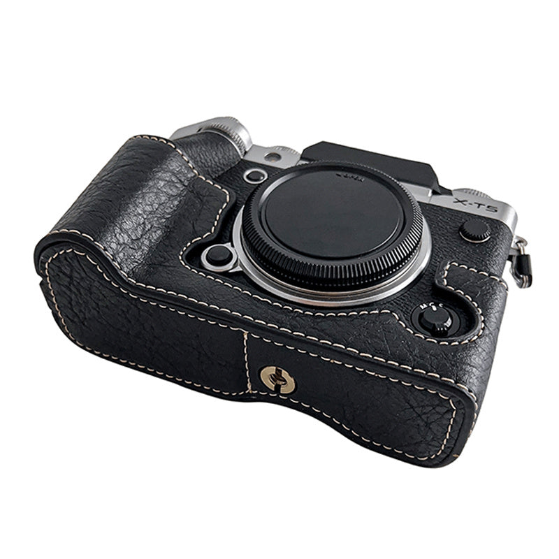 Uniqkart for Fujifilm X-T5 Buffalo Texture PU Leather Camera Bottom Case Flannel Lining Half Body Protective Cover with Battery Opening - Black