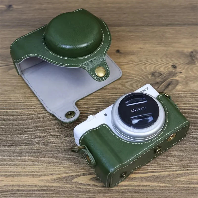 Vintage Protective Case for Sony ZV-1F Camera PU Leather Bag Cover with Shoulder Strap - Green