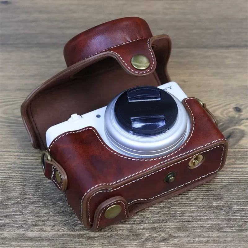 Vintage Protective Case for Sony ZV-1F Camera PU Leather Bag Cover with Shoulder Strap - Coffee