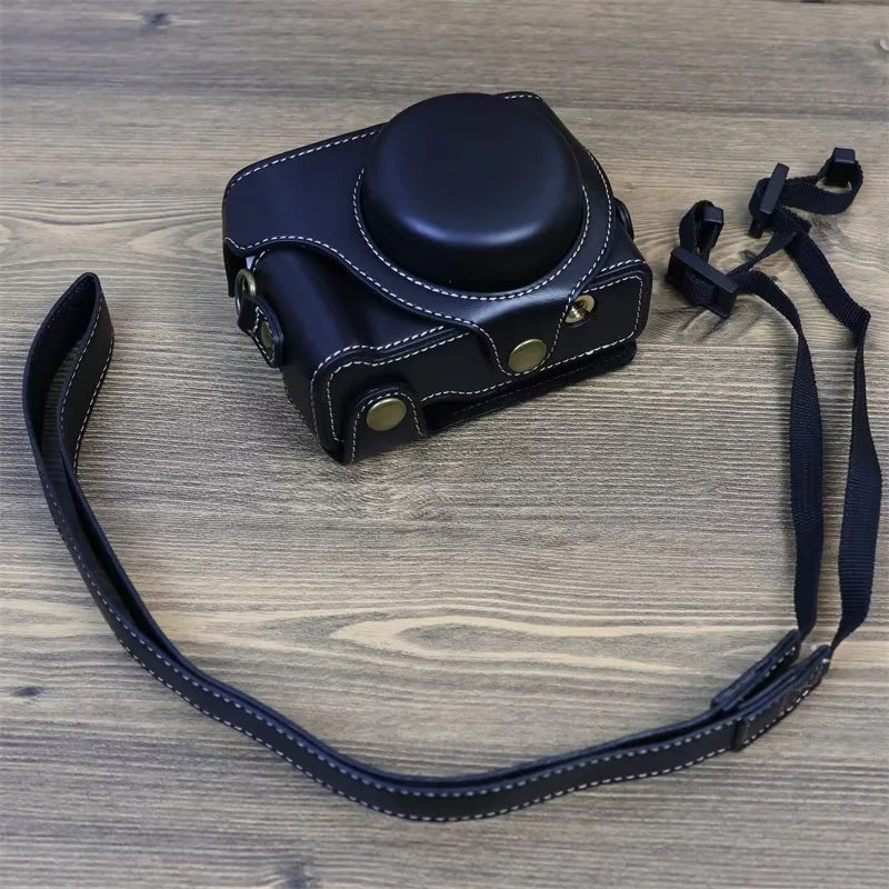 Vintage Protective Case for Sony ZV-1F Camera PU Leather Bag Cover with Shoulder Strap - Black