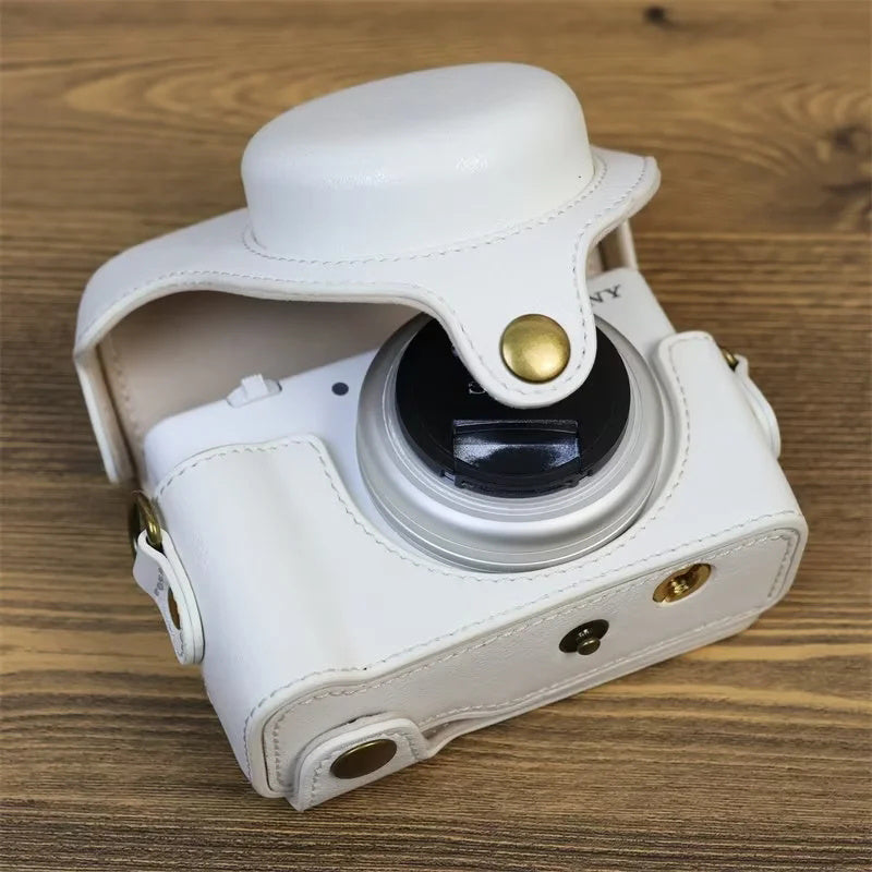 Vintage Protective Case for Sony ZV-1F Camera PU Leather Bag Cover with Shoulder Strap - White