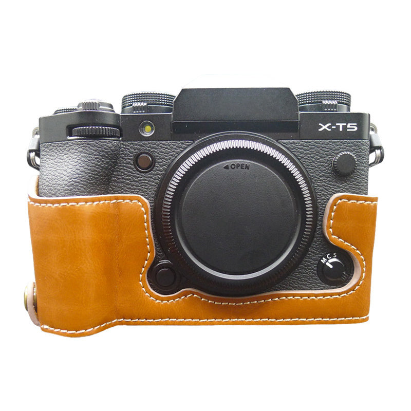 Uniqkart for Fujifilm X-T5 Camera PU Leather Case Battery Opening Design Protective Cover with Screw - Brown