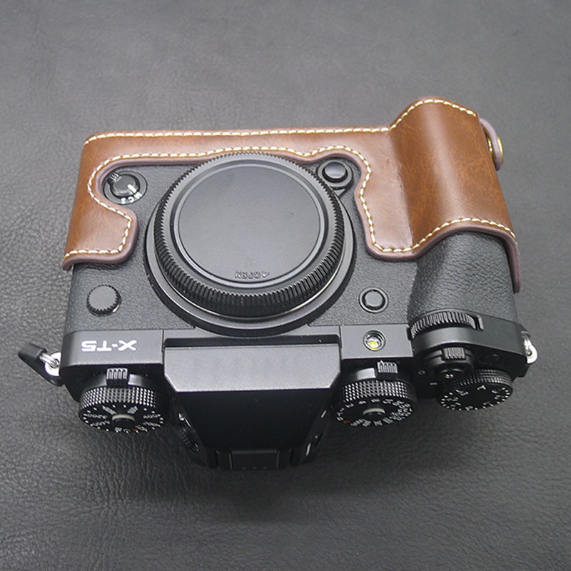Uniqkart for Fujifilm X-T5 Camera PU Leather Case Battery Opening Design Protective Cover with Screw - Coffee