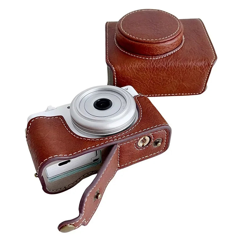 Uniqkart for Sony ZV-1F / ZV-1 Mark II Detachable PU Leather Camera Bag Battery Opening Design Drop-proof Cover with Shoulder Strap - Brown
