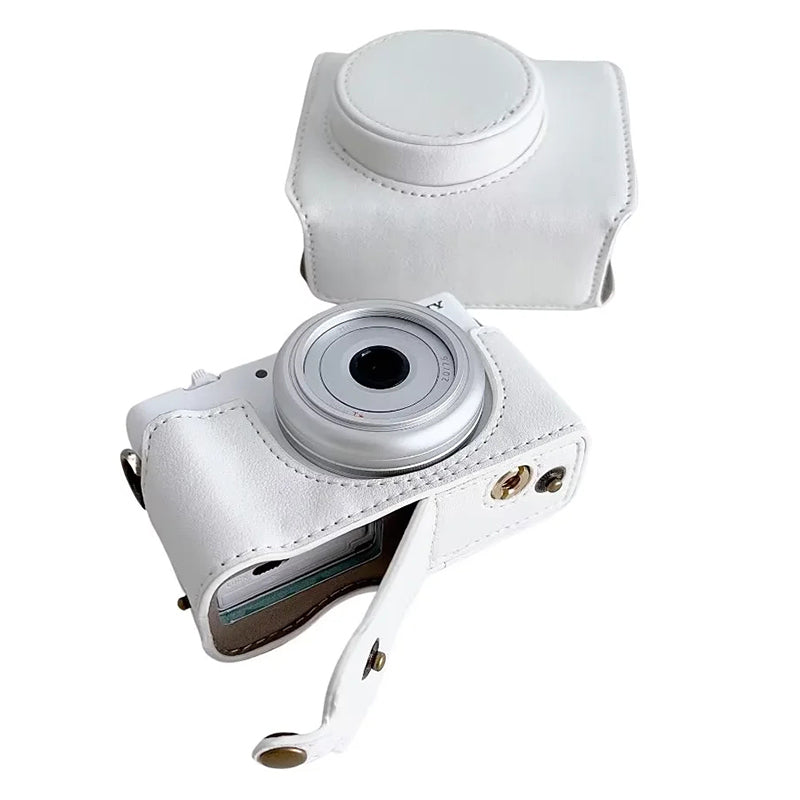 Uniqkart for Sony ZV-1F / ZV-1 Mark II Detachable PU Leather Camera Bag Battery Opening Design Drop-proof Cover with Shoulder Strap - White