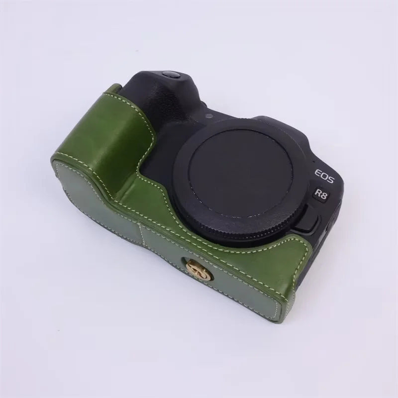Uniqkart for Canon EOS R8 PU Leather Camera Bottom Case Half Body Protective Cover with Battery Opening - Green
