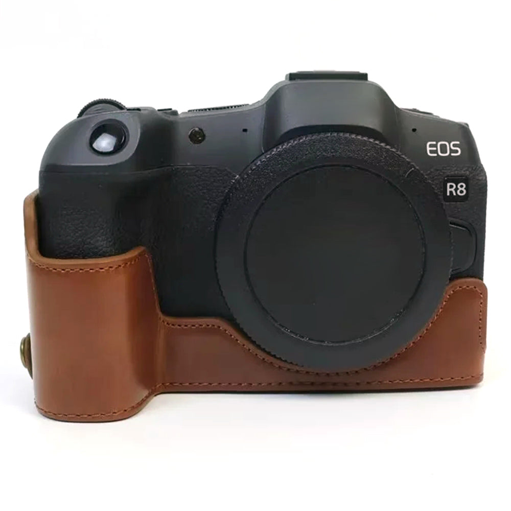 Uniqkart for Canon EOS R8 PU Leather Camera Bottom Case Half Body Protective Cover with Battery Opening - Coffee