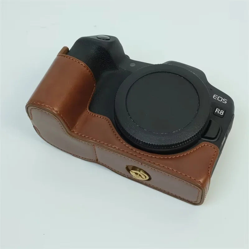 Uniqkart for Canon EOS R8 PU Leather Camera Bottom Case Half Body Protective Cover with Battery Opening - Coffee