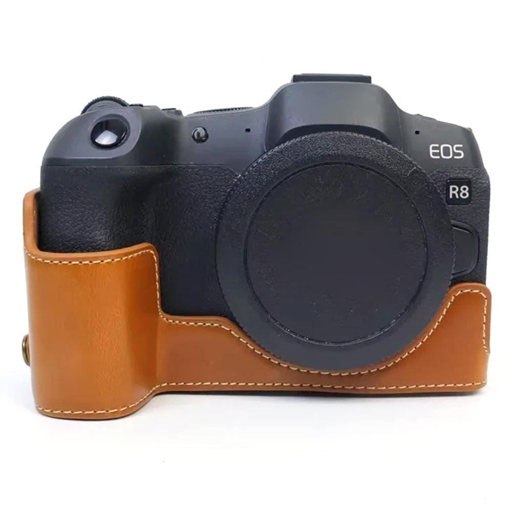 Uniqkart for Canon EOS R8 PU Leather Camera Bottom Case Half Body Protective Cover with Battery Opening - Brown