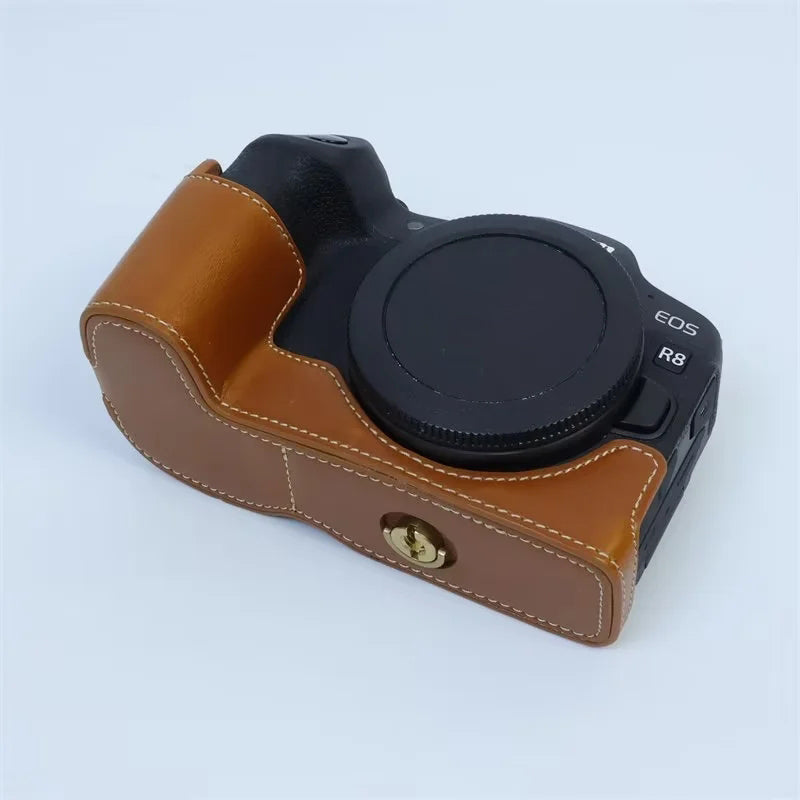 Uniqkart for Canon EOS R8 PU Leather Camera Bottom Case Half Body Protective Cover with Battery Opening - Brown
