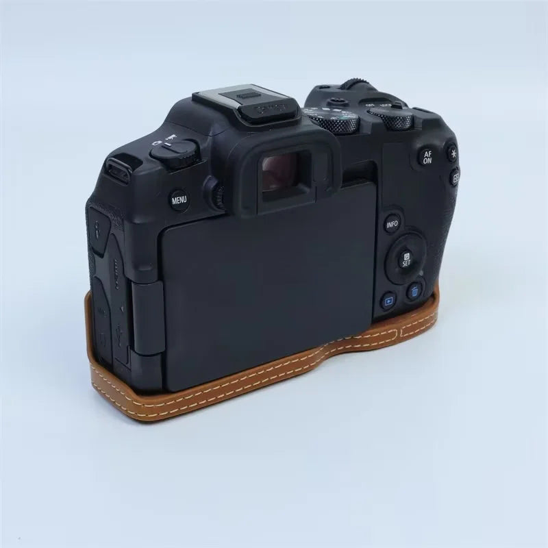 Uniqkart for Canon EOS R8 PU Leather Camera Bottom Case Half Body Protective Cover with Battery Opening - Brown