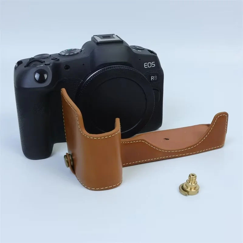 Uniqkart for Canon EOS R8 PU Leather Camera Bottom Case Half Body Protective Cover with Battery Opening - Brown