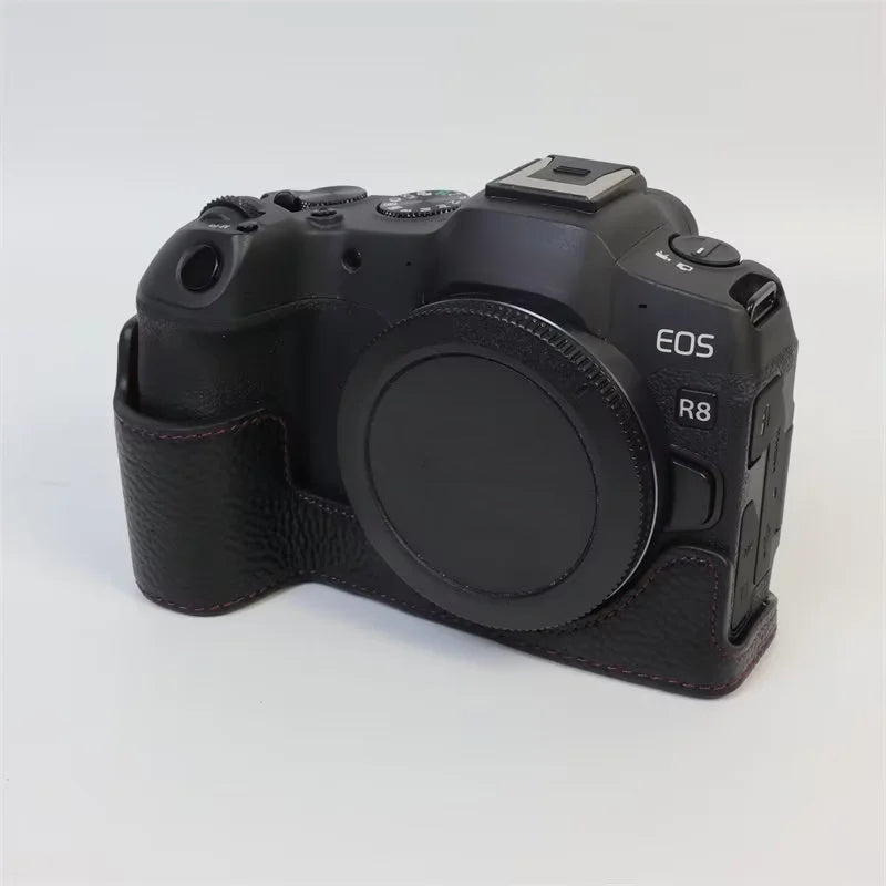 Uniqkart for Canon EOS R8 Genuine Cow Leather Camera Bottom Case Half Body Cover with Battery Opening - Black