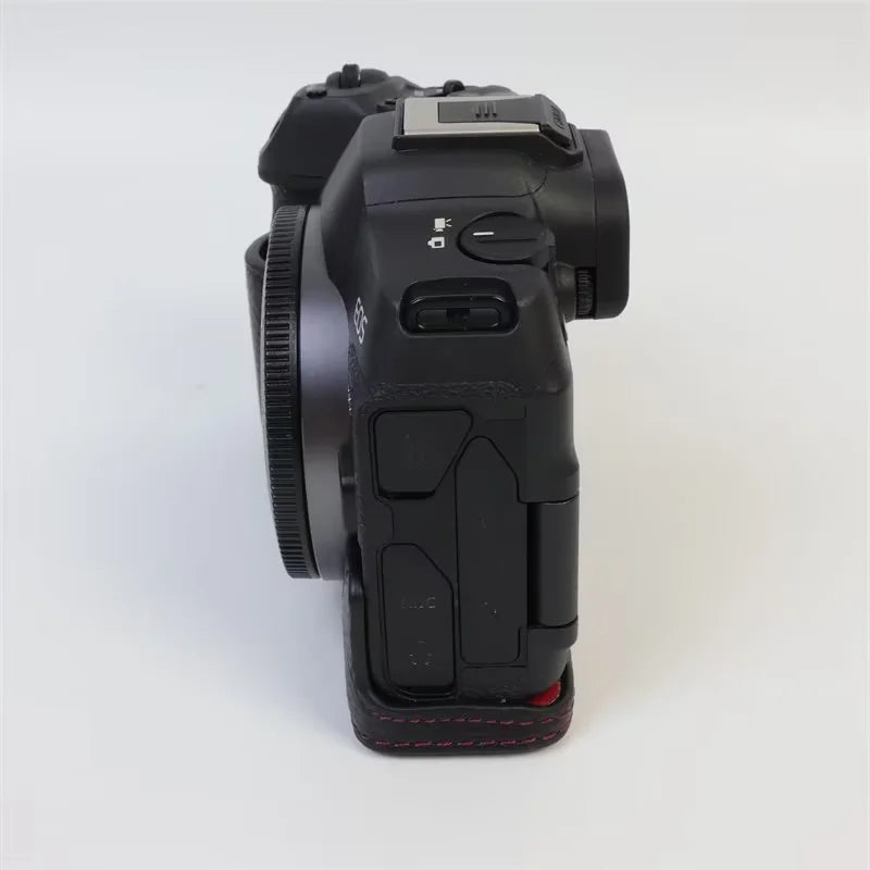 Uniqkart for Canon EOS R8 Genuine Cow Leather Camera Bottom Case Half Body Cover with Battery Opening - Black