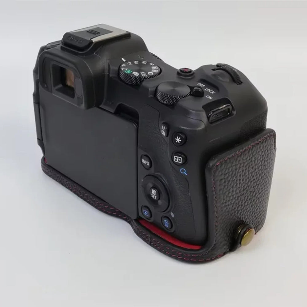 Uniqkart for Canon EOS R8 Genuine Cow Leather Camera Bottom Case Half Body Cover with Battery Opening - Black