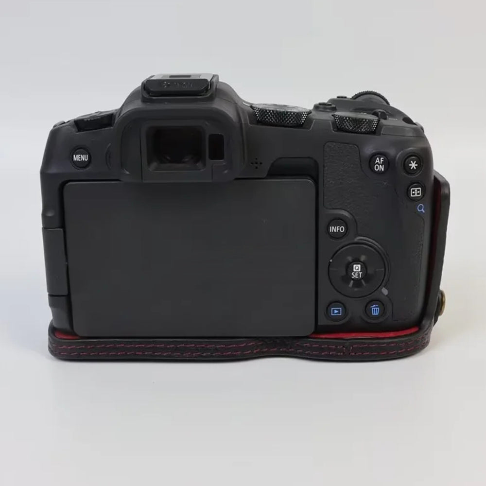 Uniqkart for Canon EOS R8 Genuine Cow Leather Camera Bottom Case Half Body Cover with Battery Opening - Black