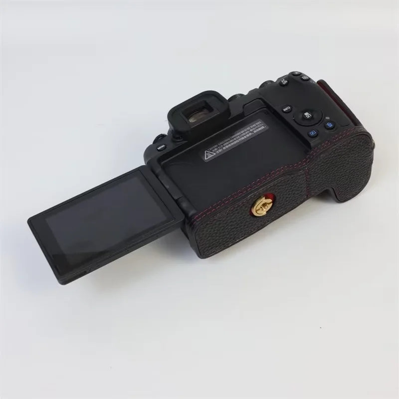 Uniqkart for Canon EOS R8 Genuine Cow Leather Camera Bottom Case Half Body Cover with Battery Opening - Black