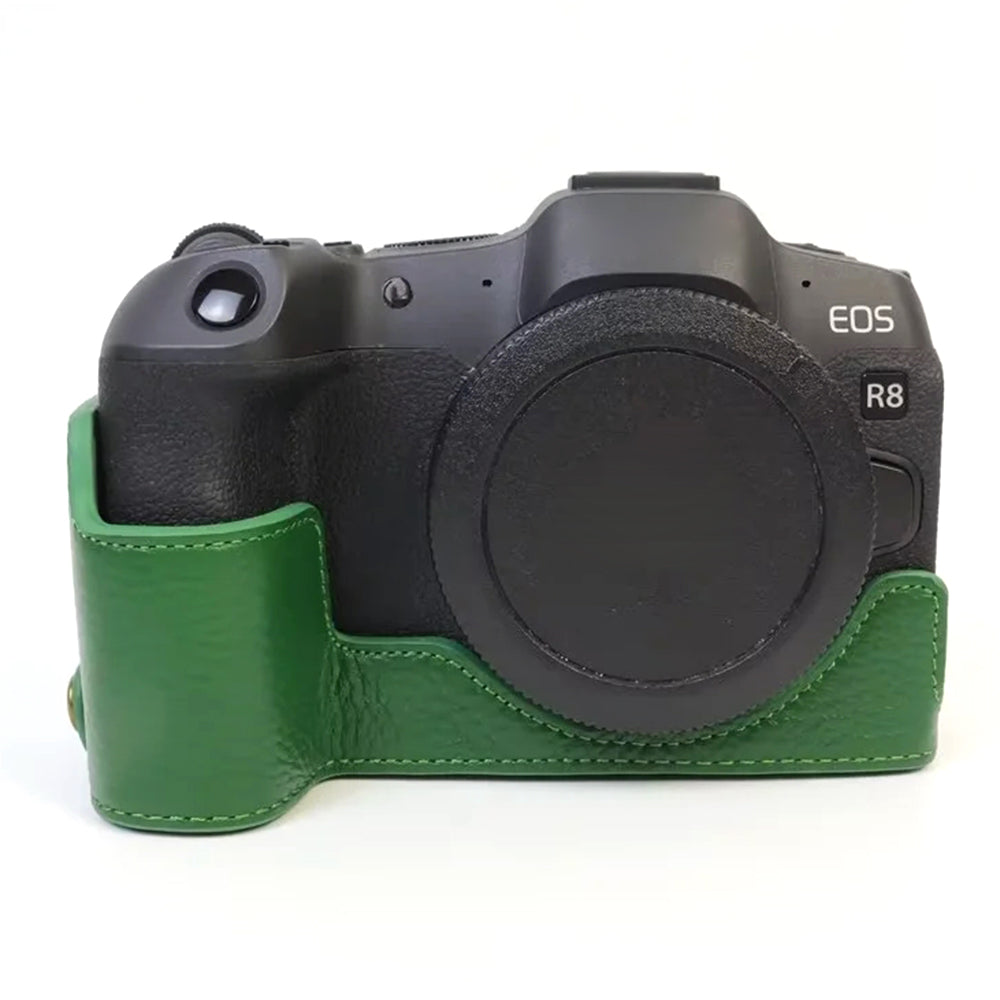 Uniqkart for Canon EOS R8 Genuine Cow Leather Camera Bottom Case Half Body Cover with Battery Opening - Green