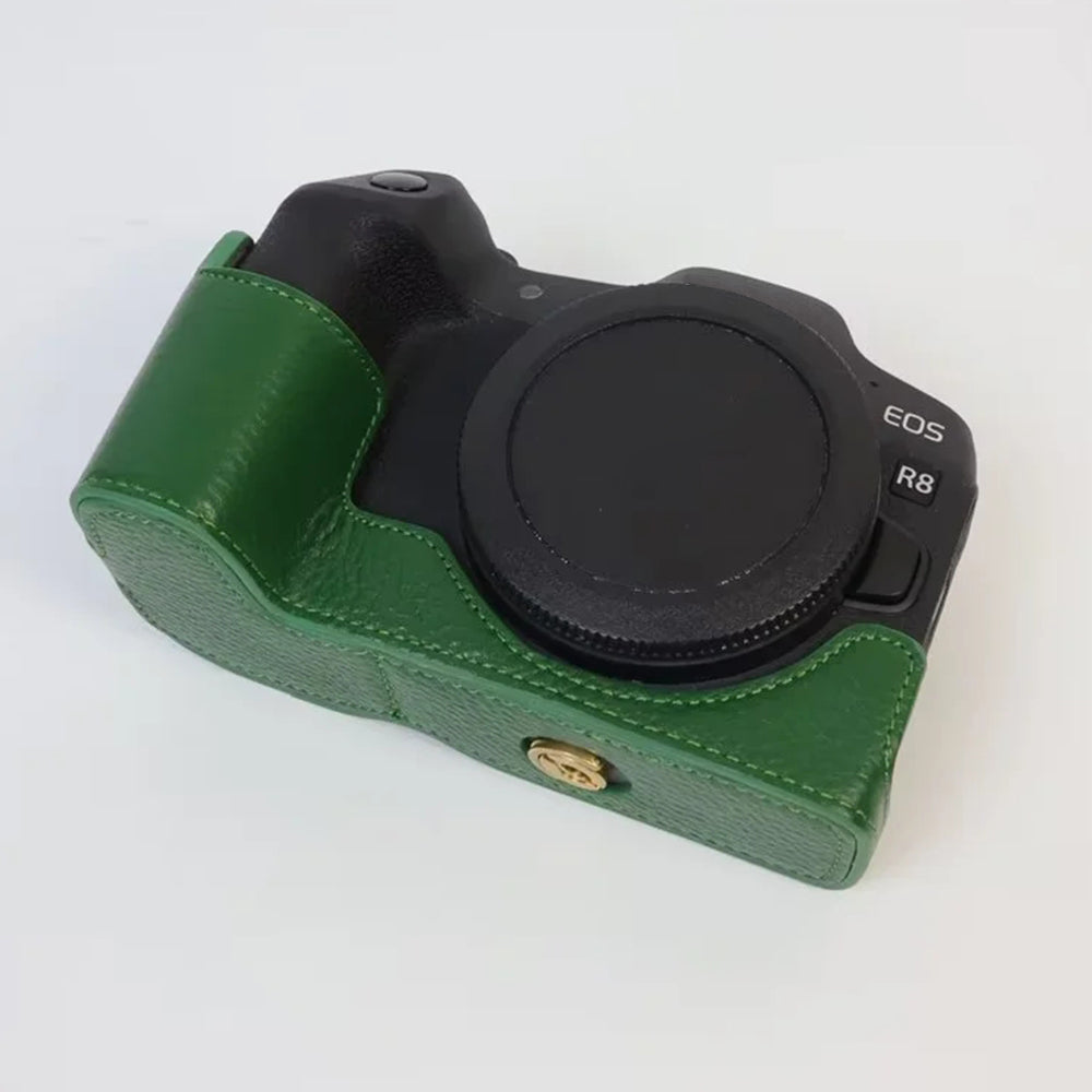Uniqkart for Canon EOS R8 Genuine Cow Leather Camera Bottom Case Half Body Cover with Battery Opening - Green