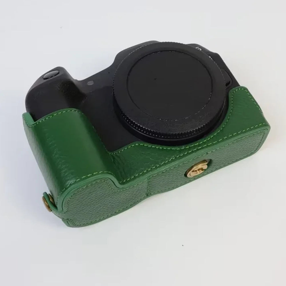 Uniqkart for Canon EOS R8 Genuine Cow Leather Camera Bottom Case Half Body Cover with Battery Opening - Green