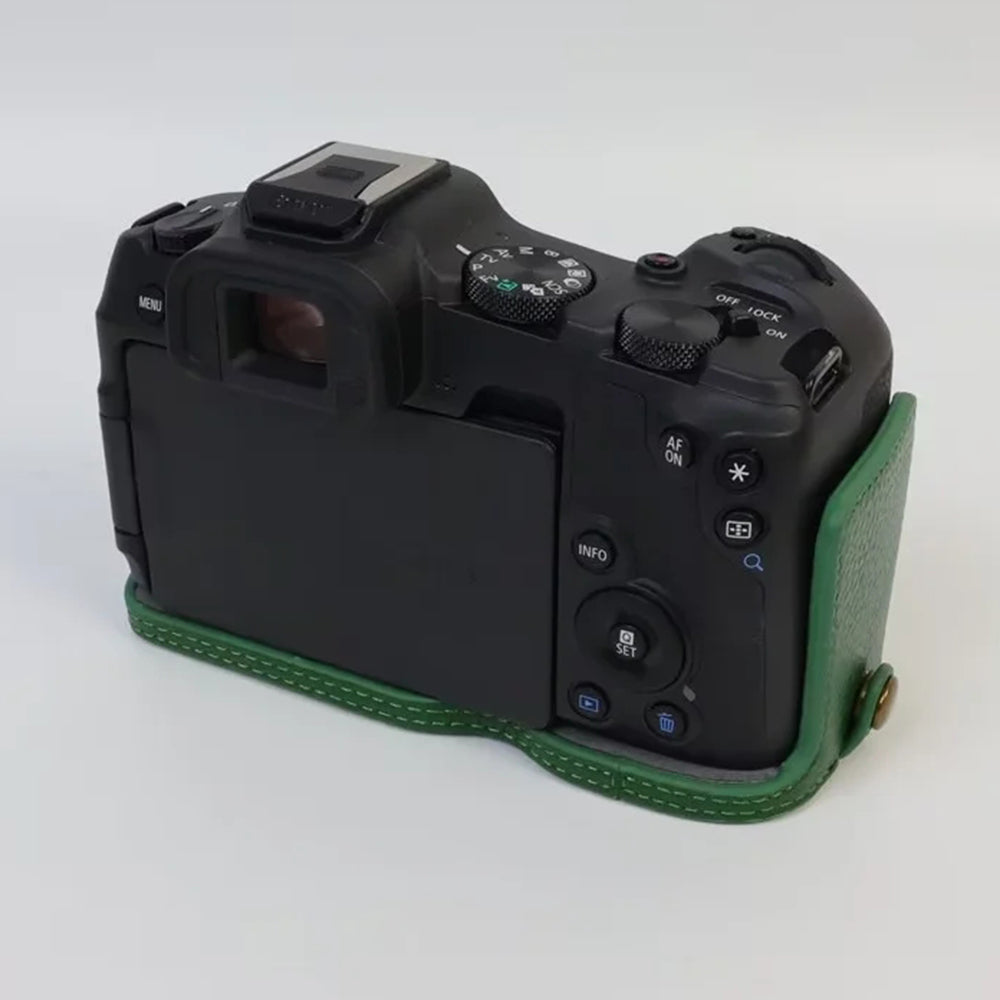 Uniqkart for Canon EOS R8 Genuine Cow Leather Camera Bottom Case Half Body Cover with Battery Opening - Green