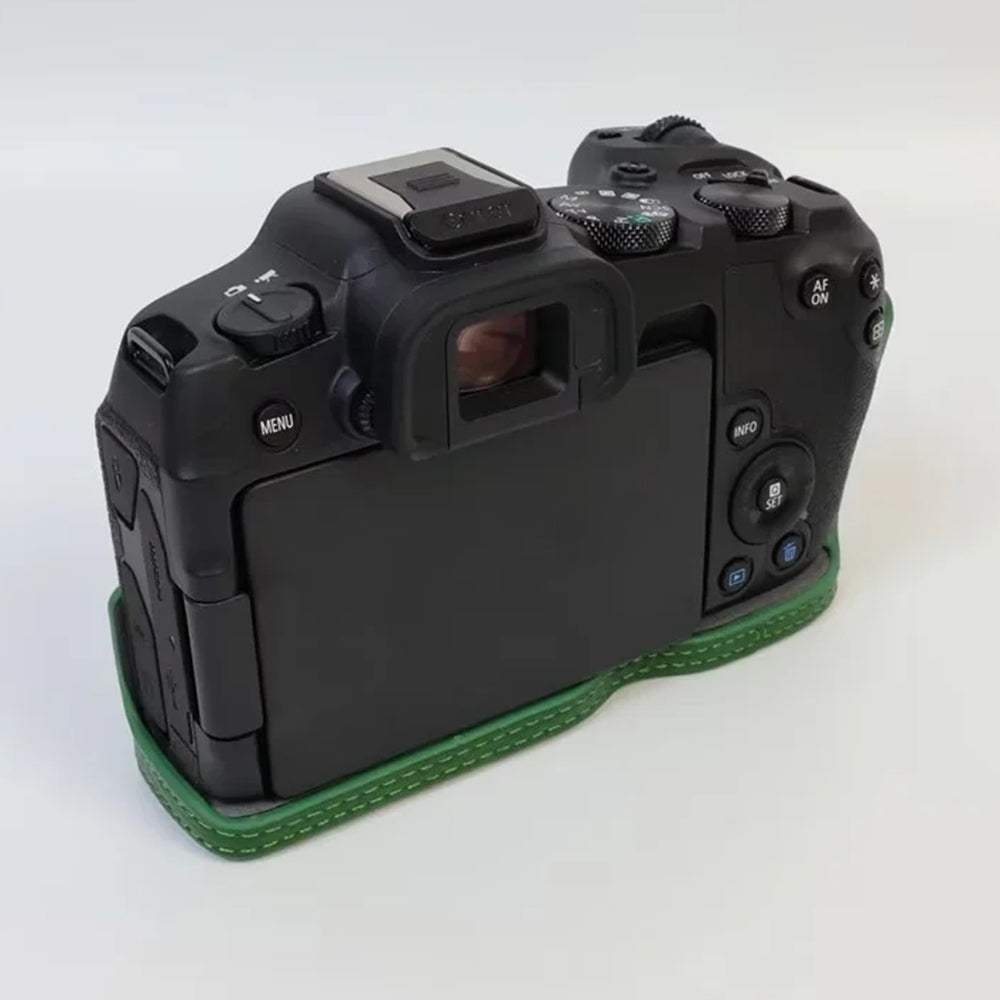 Uniqkart for Canon EOS R8 Genuine Cow Leather Camera Bottom Case Half Body Cover with Battery Opening - Green