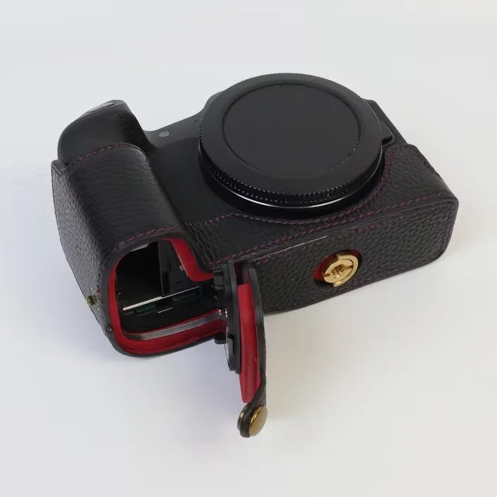 Uniqkart for Canon EOS R8 Genuine Cow Leather Camera Bottom Case Half Body Cover with Battery Opening - White