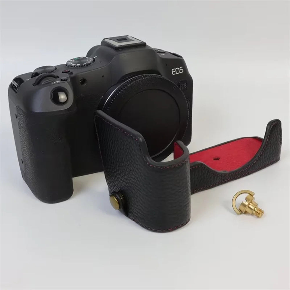 Uniqkart for Canon EOS R8 Genuine Cow Leather Camera Bottom Case Half Body Cover with Battery Opening - Brown