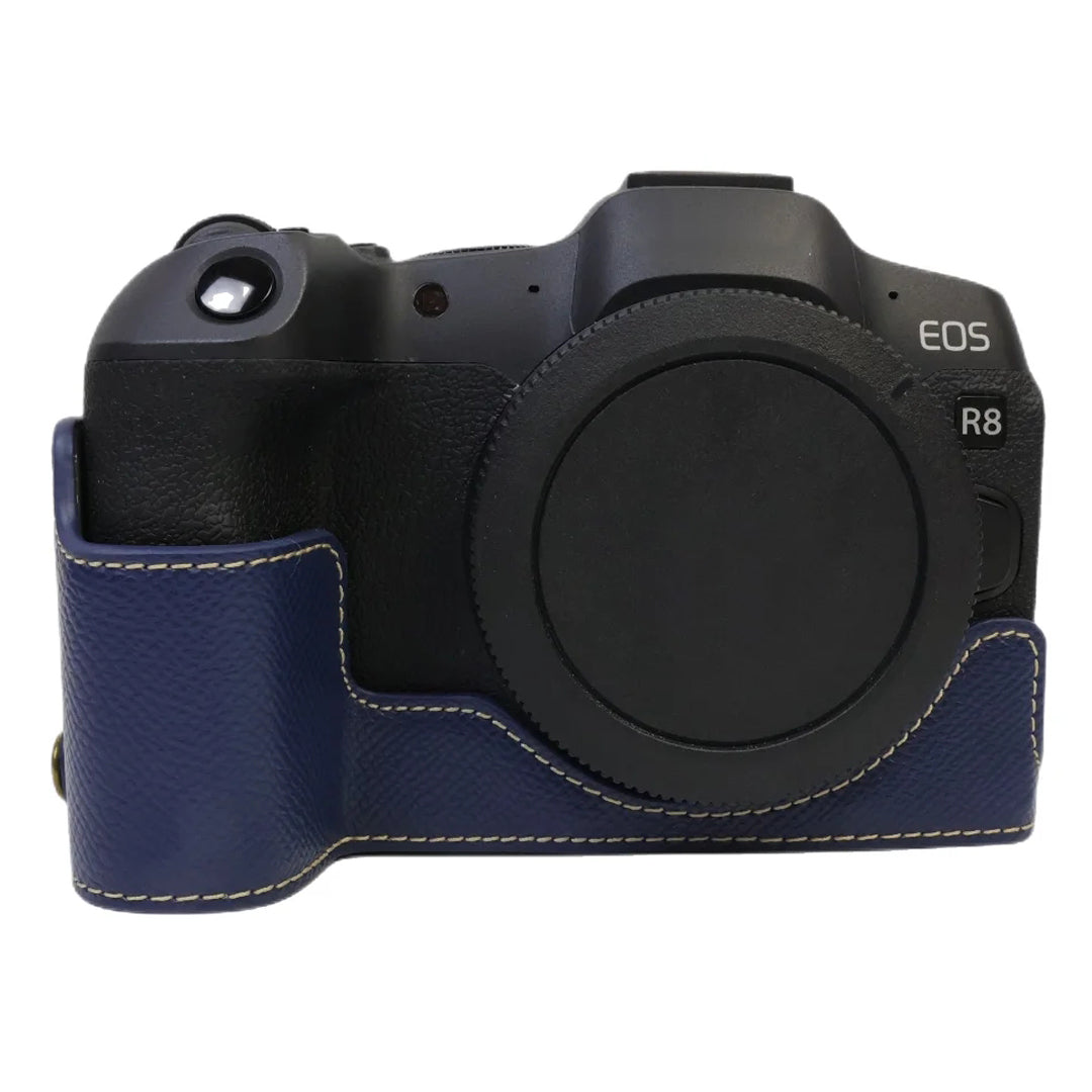 Uniqkart for Canon EOS R8 PU Leather Camera Base Battery Opening Design Detachable Protective Cover with Shoulder Strap - Sapphire