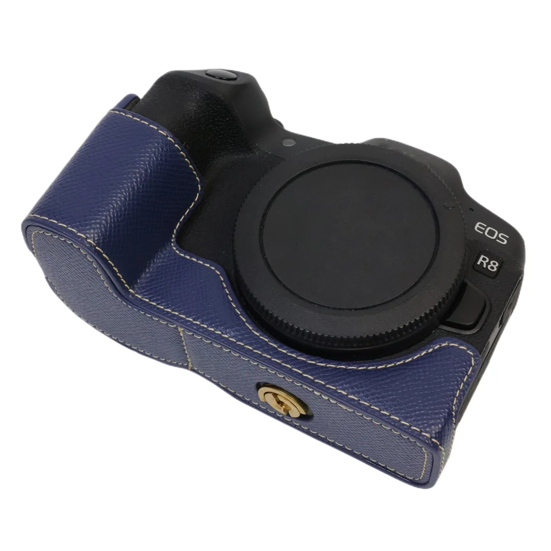 Uniqkart for Canon EOS R8 PU Leather Camera Base Battery Opening Design Detachable Protective Cover with Shoulder Strap - Sapphire