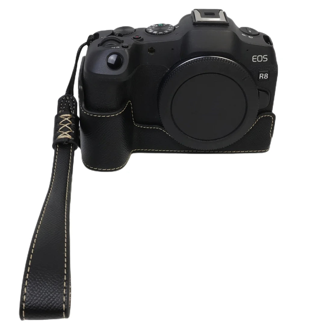Uniqkart for Canon EOS R8 PU Leather Camera Base Battery Opening Design Detachable Protective Cover with Shoulder Strap - Black