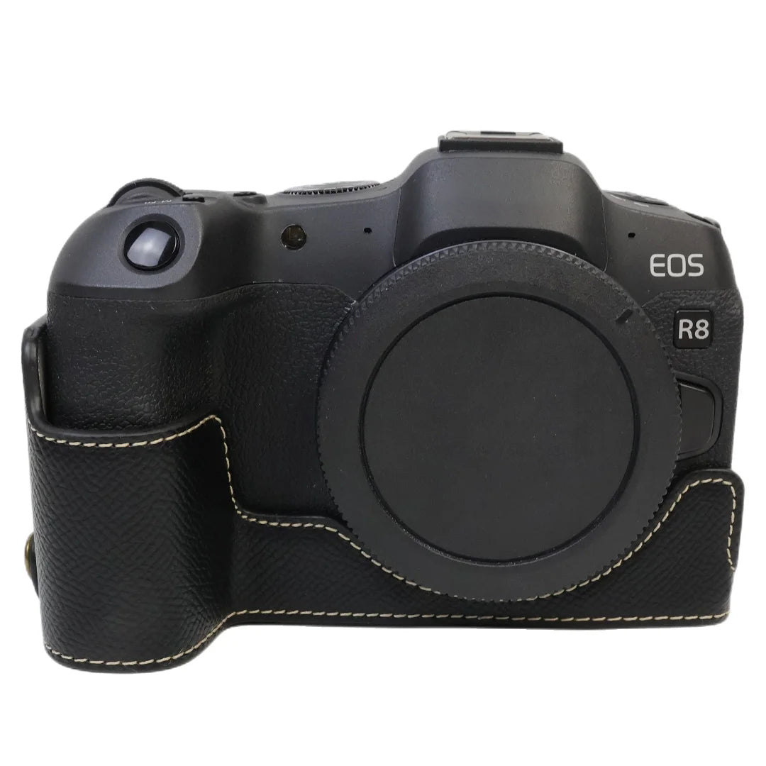 Uniqkart for Canon EOS R8 PU Leather Camera Base Battery Opening Design Detachable Protective Cover with Shoulder Strap - Black
