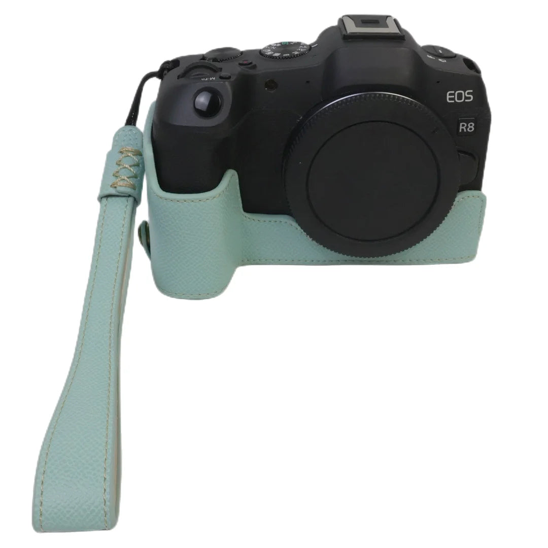 Uniqkart for Canon EOS R8 PU Leather Camera Base Battery Opening Design Detachable Protective Cover with Shoulder Strap - Baby Blue