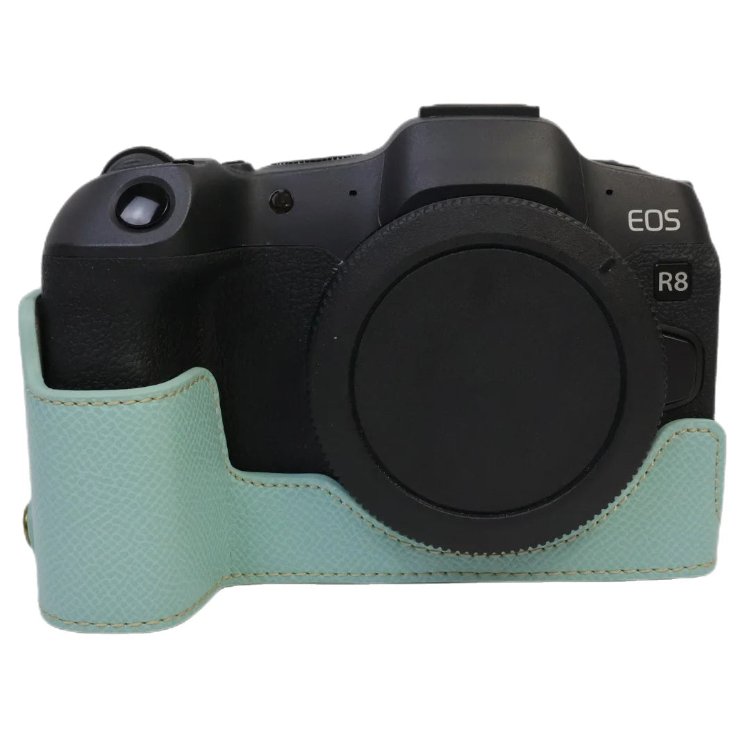 Uniqkart for Canon EOS R8 PU Leather Camera Base Battery Opening Design Detachable Protective Cover with Shoulder Strap - Baby Blue