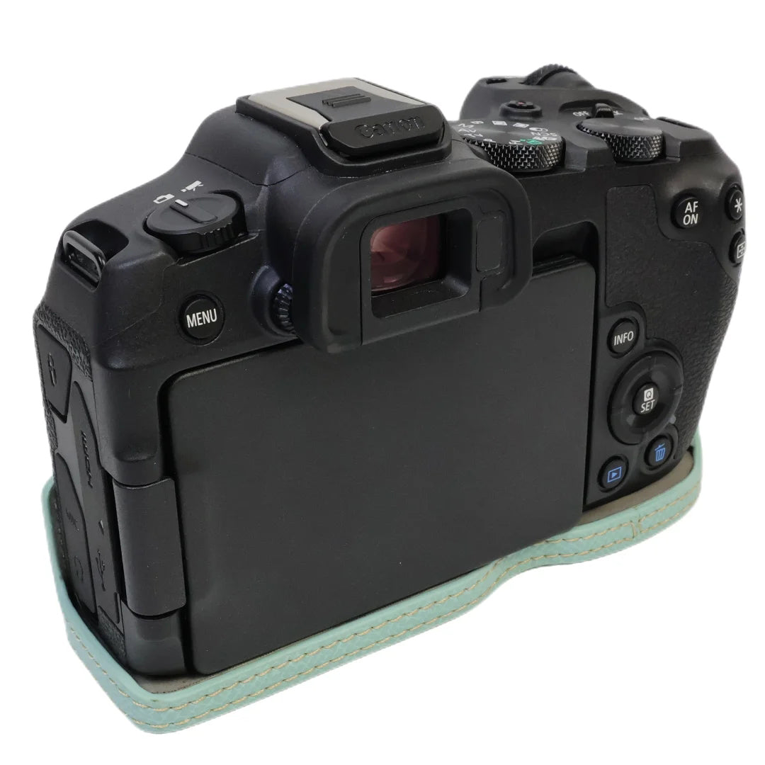 Uniqkart for Canon EOS R8 PU Leather Camera Base Battery Opening Design Detachable Protective Cover with Shoulder Strap - Baby Blue