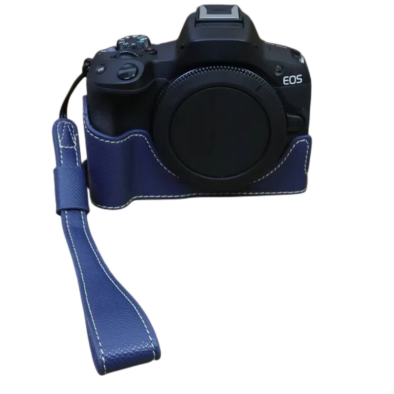 Uniqkart for Canon EOS R50 Anti-Shock PU Leather Camera Bottom Cover Large Opening Design Half Body Case with Strap - Blue