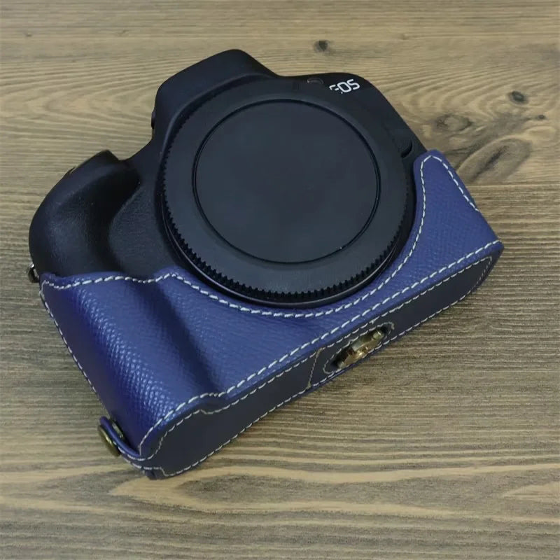 Uniqkart for Canon EOS R50 Anti-Shock PU Leather Camera Bottom Cover Large Opening Design Half Body Case with Strap - Blue