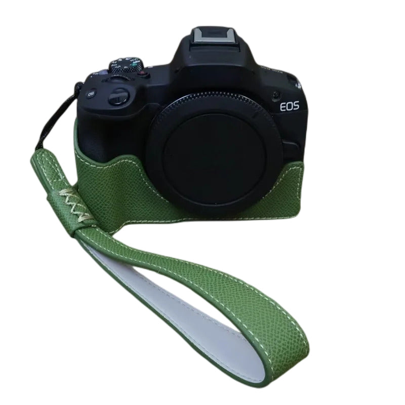 Uniqkart for Canon EOS R50 Anti-Shock PU Leather Camera Bottom Cover Large Opening Design Half Body Case with Strap - Green