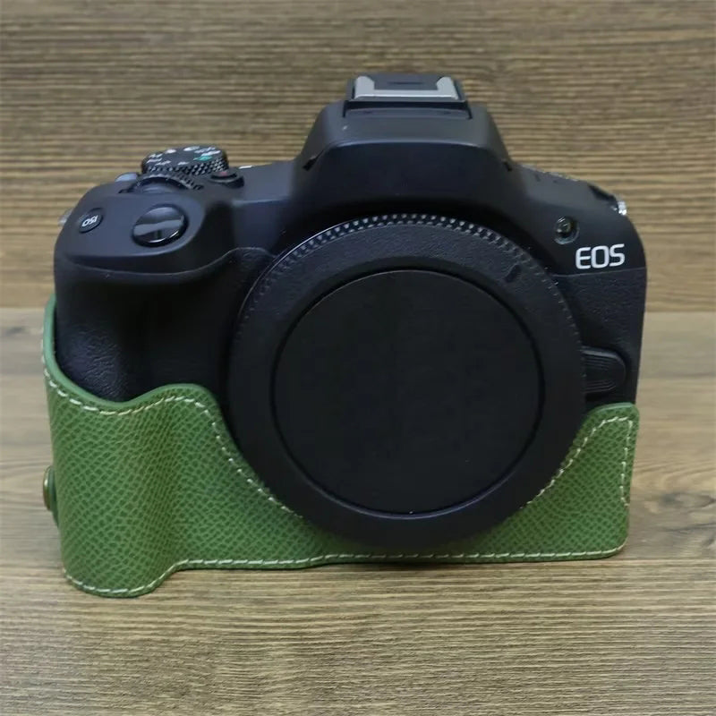 Uniqkart for Canon EOS R50 Anti-Shock PU Leather Camera Bottom Cover Large Opening Design Half Body Case with Strap - Green